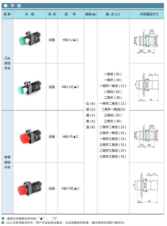 爱可信HB2按钮凸头按钮、带罩按钮