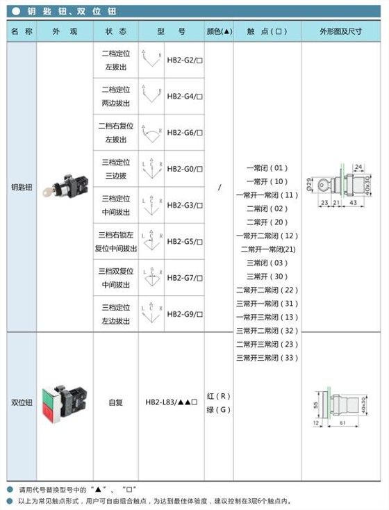 爱可信HB2按钮 钥匙钮 、双位钮